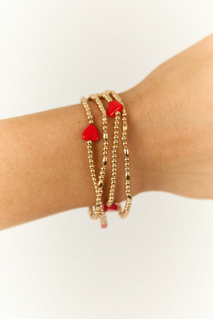 Gold Heart Charm Beaded Elastic Bracelet Set