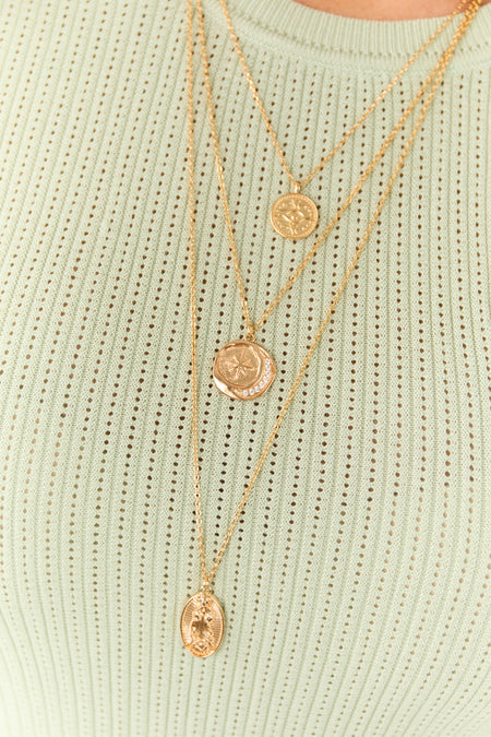 Gold Layered Engraved Disc Pendant Necklace