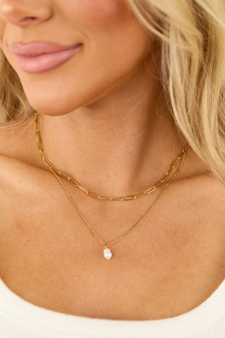 Gold Layered Paperclip Chain Pearl Pendant Necklace