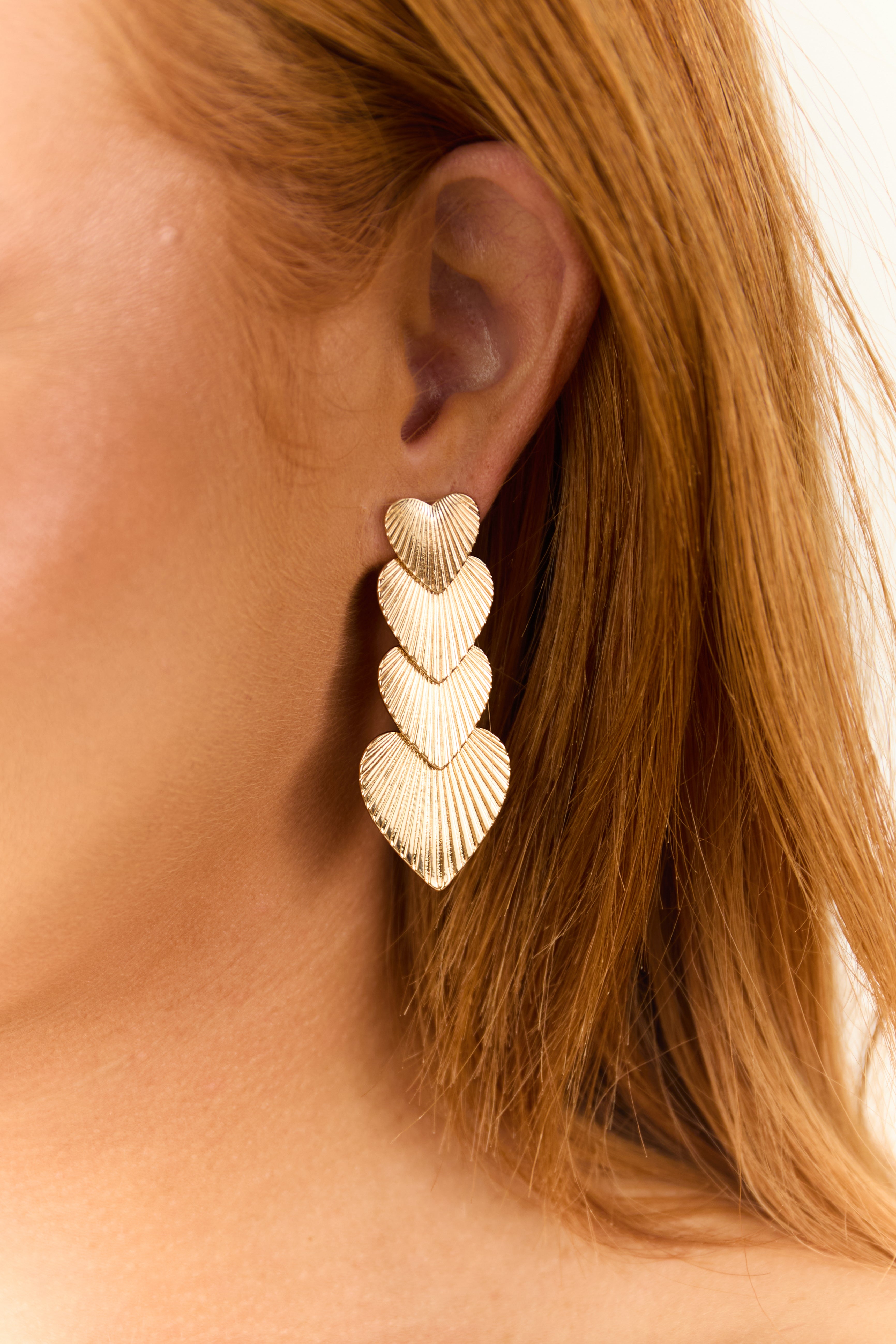 Gold Layered Textured Heart Drop Earrings