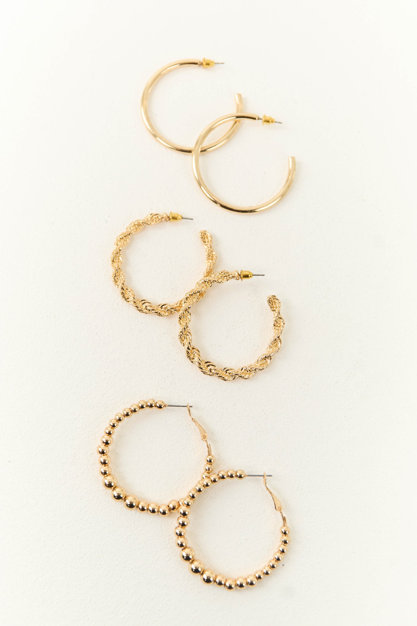 Gold Metallic 3 Piece Textured Hoop Earrings