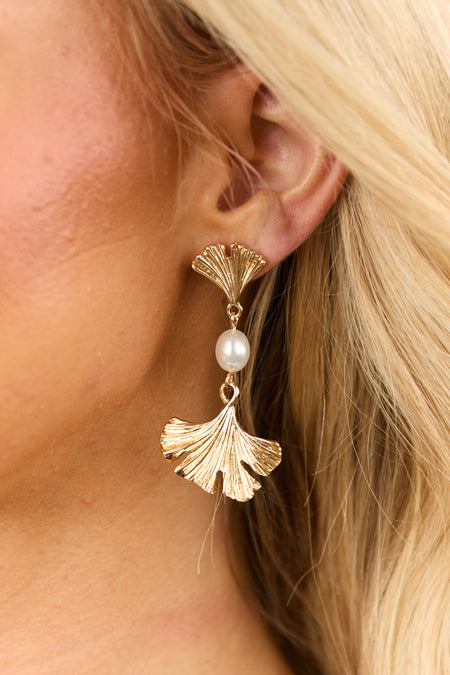 Gold Metallic Fan and Pearl Charm Dangle Earrings