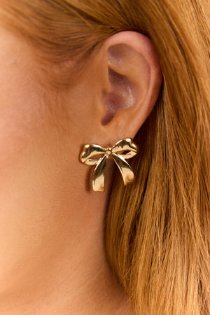 Gold Metallic Large Polished Bow Stud Earrings