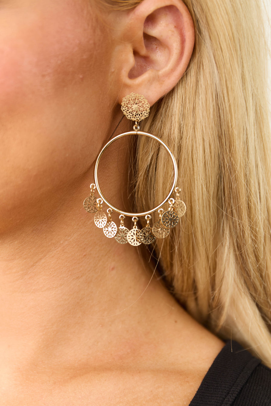 Gold Metallic Laser Cut Circle Drop Earrings