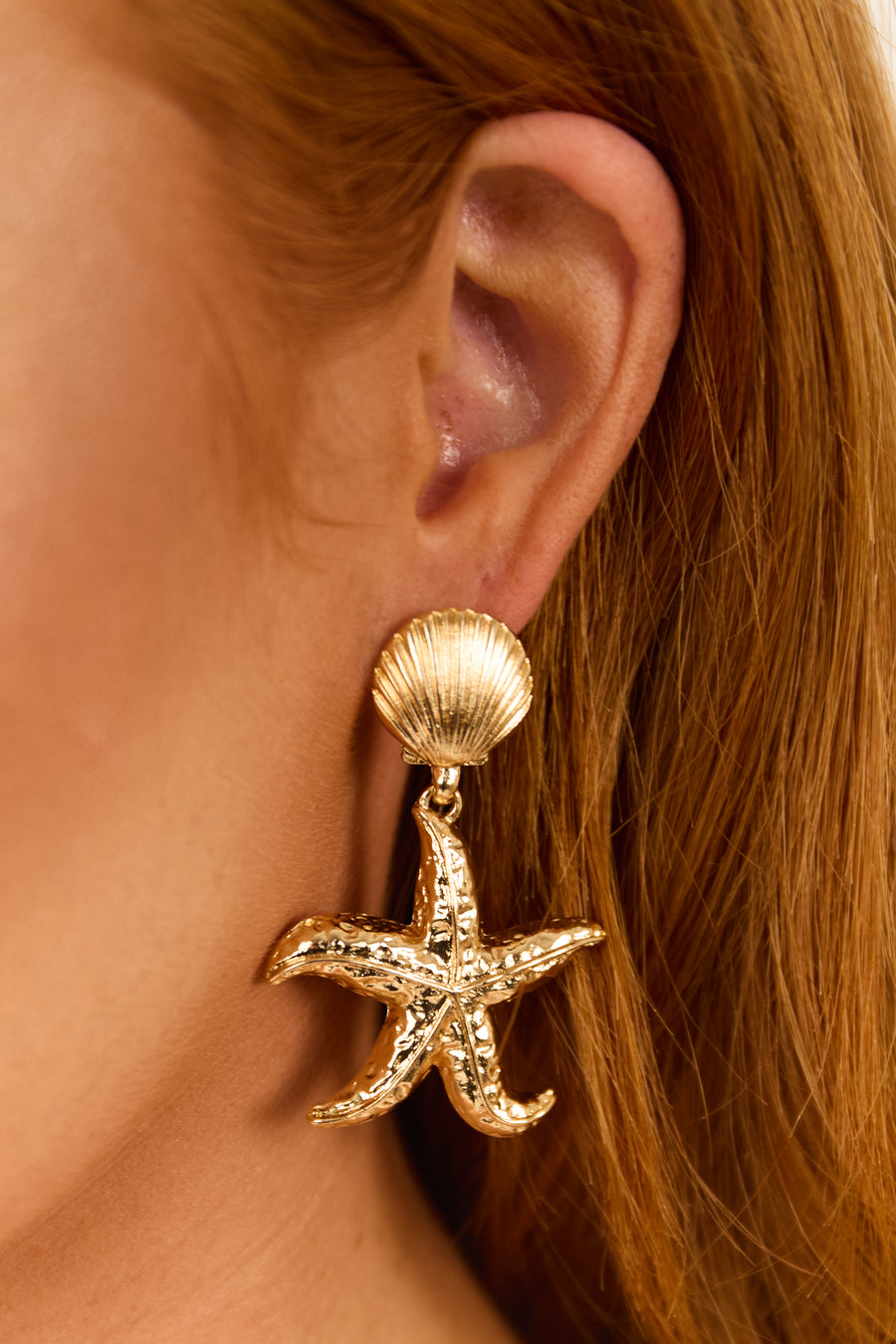 Gold Metallic Shell and Starfish Drop Earrings