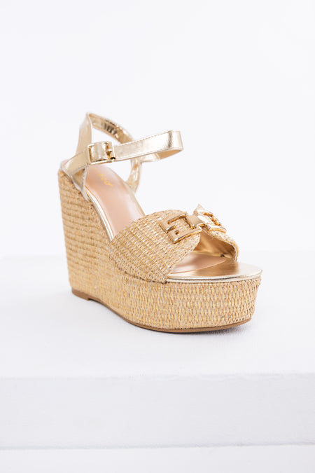 Gold Open Toe Woven Espadrille Wedge Heels