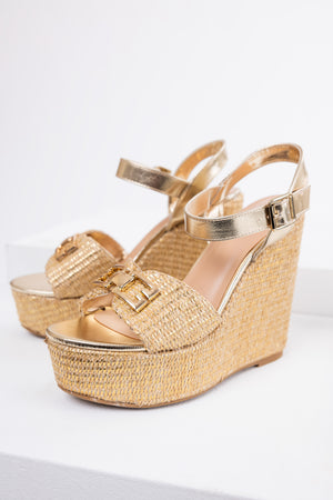 Gold Open Toe Woven Espadrille Wedge Heels