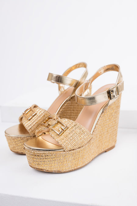 Gold Open Toe Woven Espadrille Wedge Heels