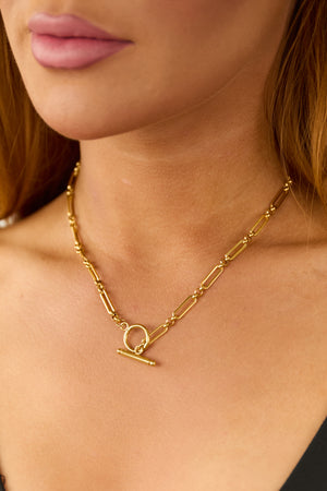 Gold Paperclip Style Chain Toggle Closure Necklace