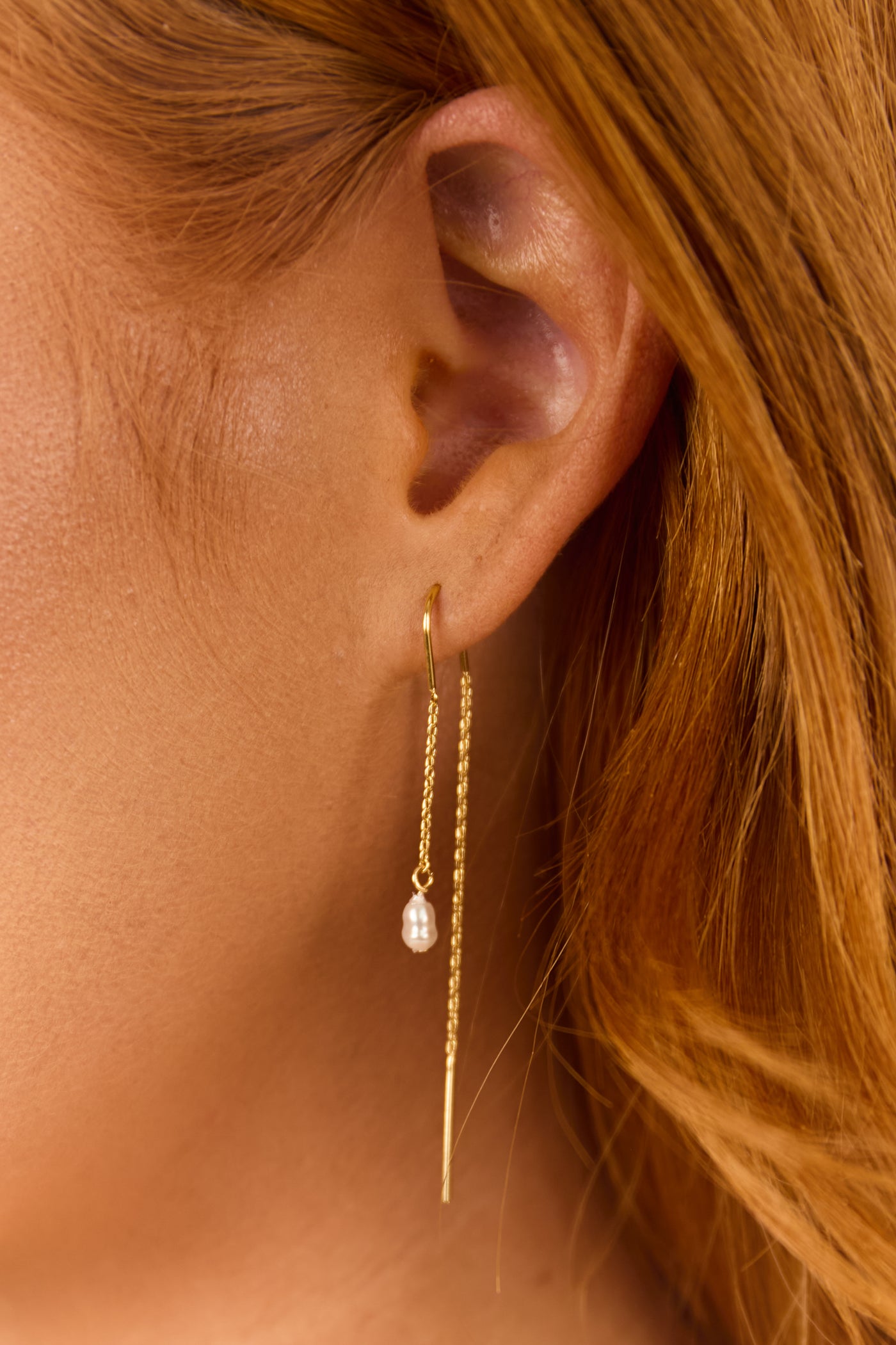 Gold Pearl and Bar Chain Threader Earrings