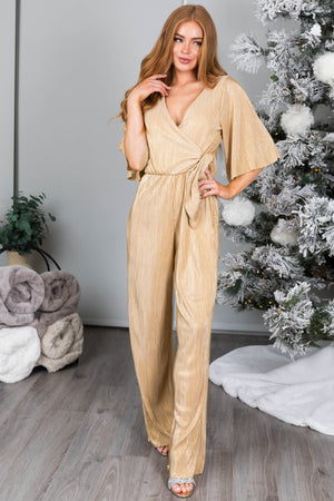 Gold Plisse Surplice Tie Front Jumpsuit