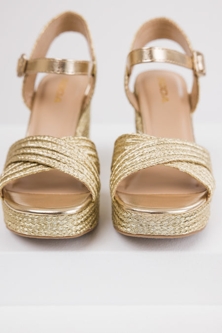 Gold Raffia Woven Open Toed Platform Heels