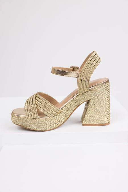 Gold Raffia Woven Open Toed Platform Heels