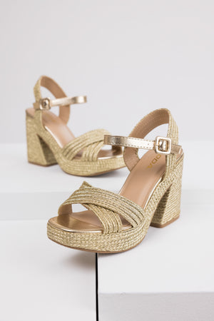 Gold Raffia Woven Open Toed Platform Heels