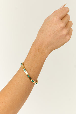 Gold & Emerald Rectangle Gemstone Hinge Bangle Bracelet