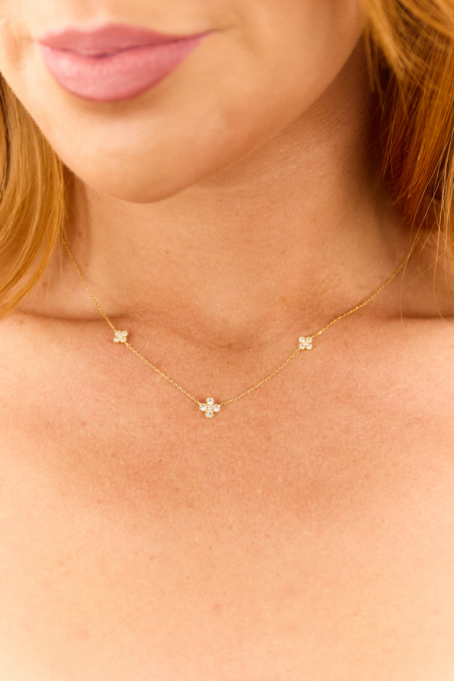 Gold Rhinestone Clover Dainty Chain Necklace