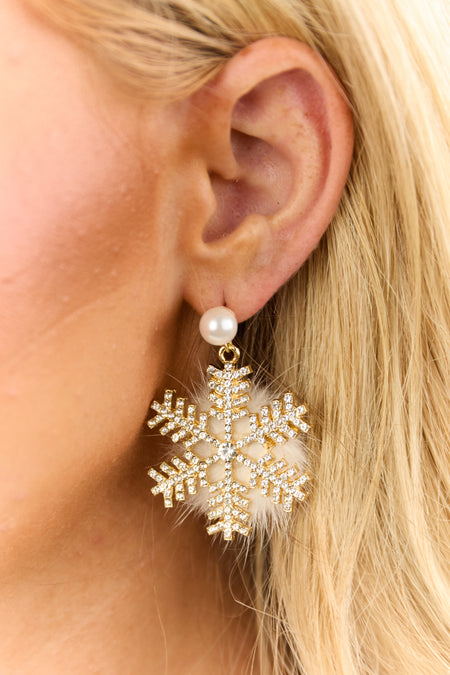 Gold Rhinestone Snowflake Fuzzy Dangle Earring