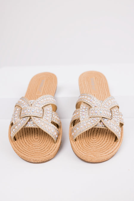 Gold Rhinestone Twisted Strap Sandals