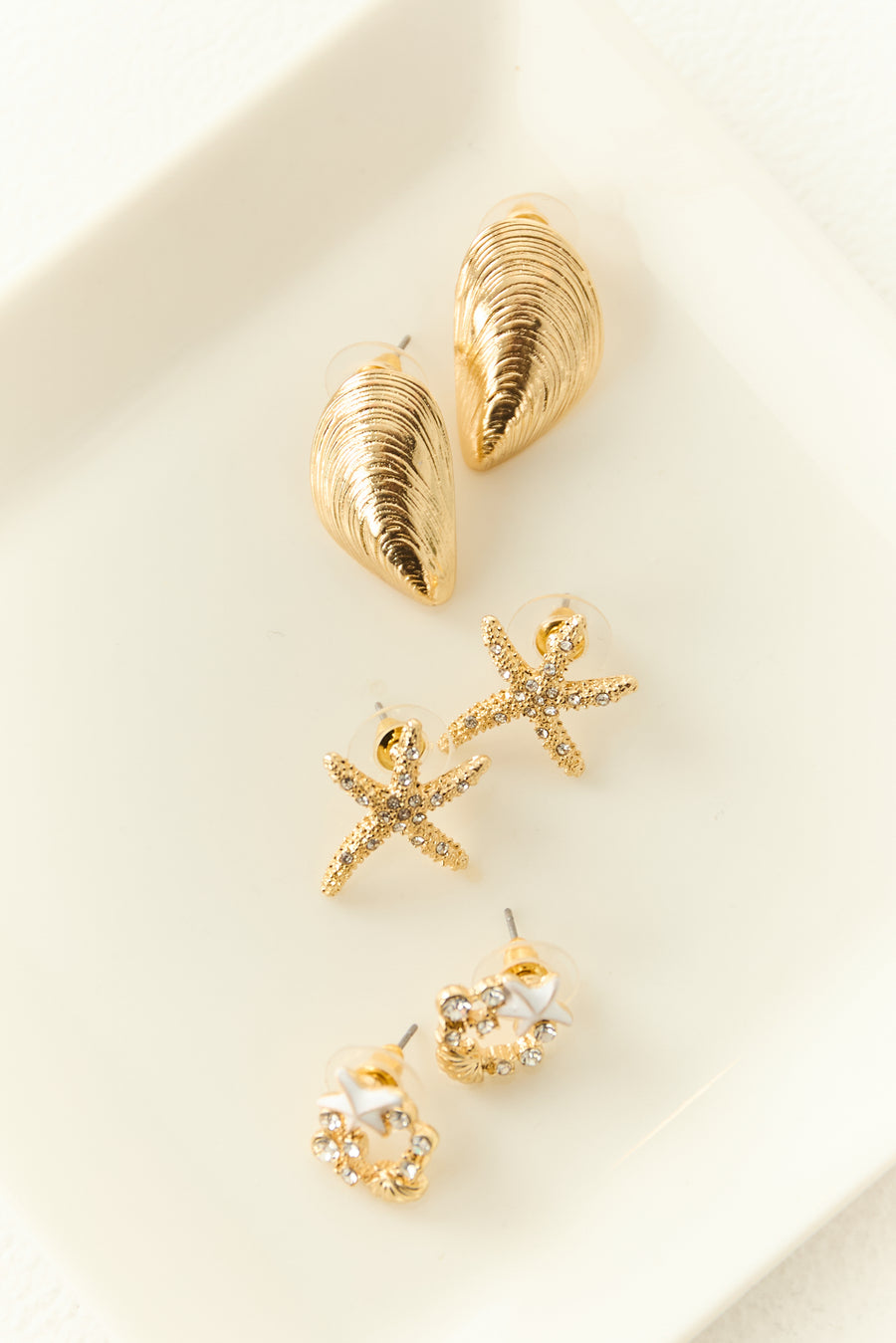 Gold Sea Themed Rhinestone Stud Earring Set