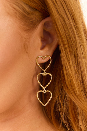 Gold Triple Heart Textured Dangle Earrings