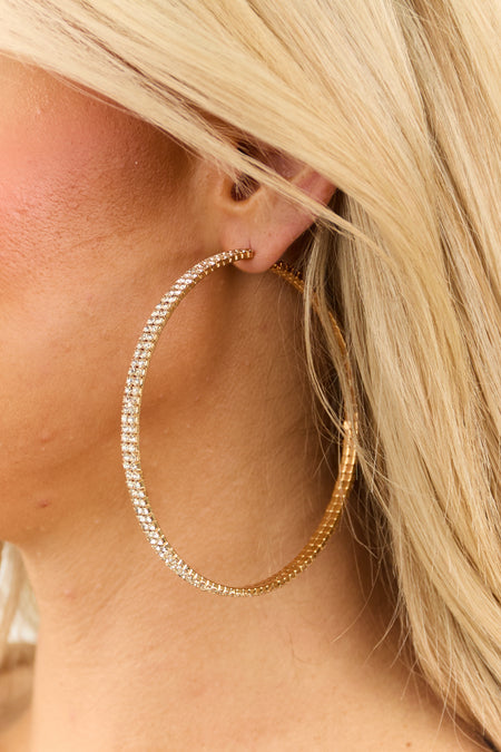 Gold Two Line Rhinestone Oversized Hoop Earrings