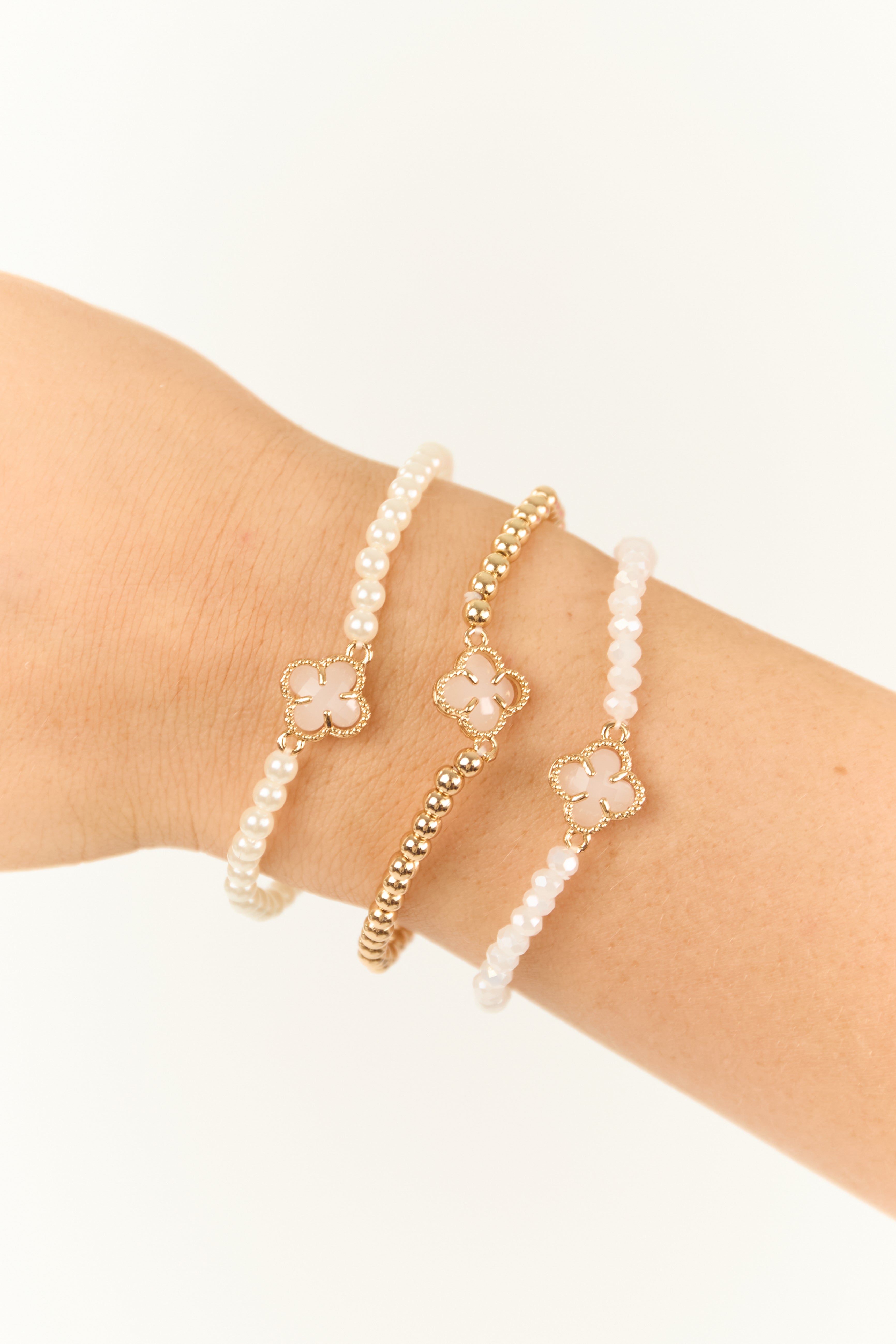 Gold and Ivory Clover Charm Bracelet Set