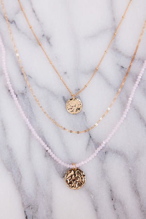 Gold and Pink Beaded Layered Disc Charm Necklace