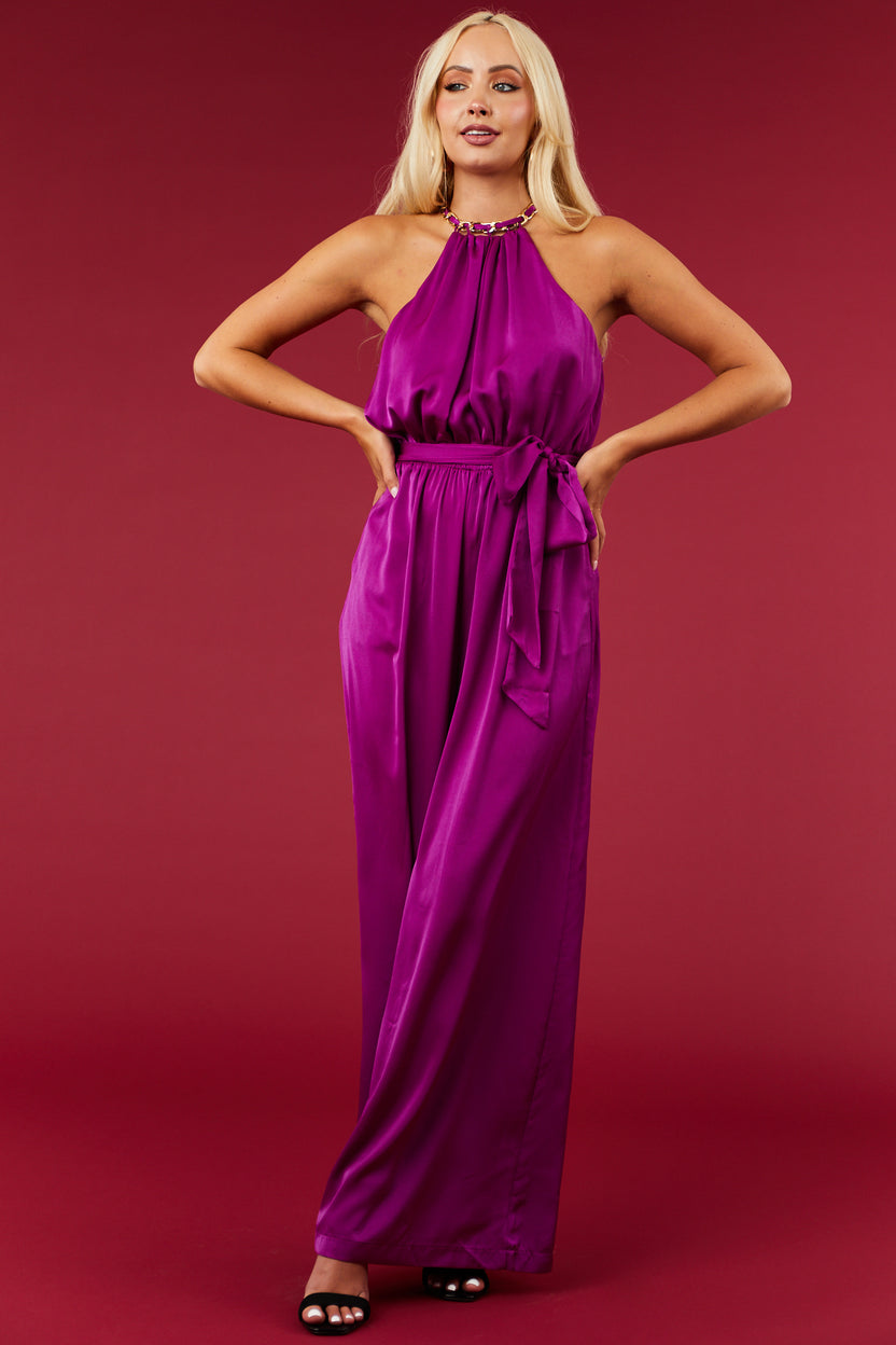 Grape Sleeveless Chain Neckline Jumpsuit