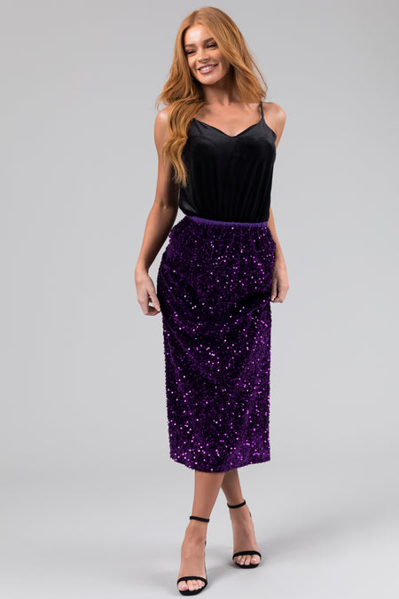 Grape Velvet Sequined Elastic Midi Skirt