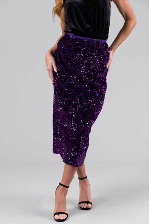 Grape Velvet Sequined Elastic Midi Skirt