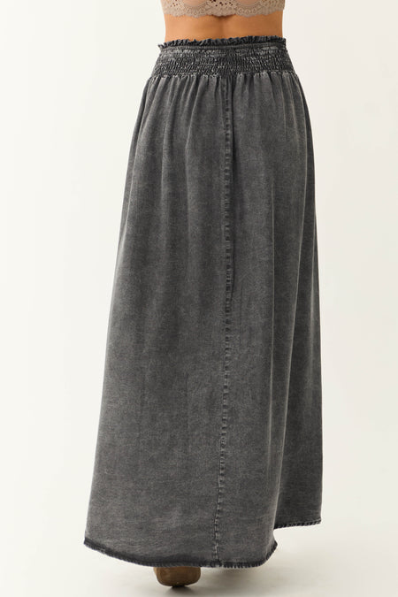 Graphite Acid Washed Denim Smocked Maxi Skirt