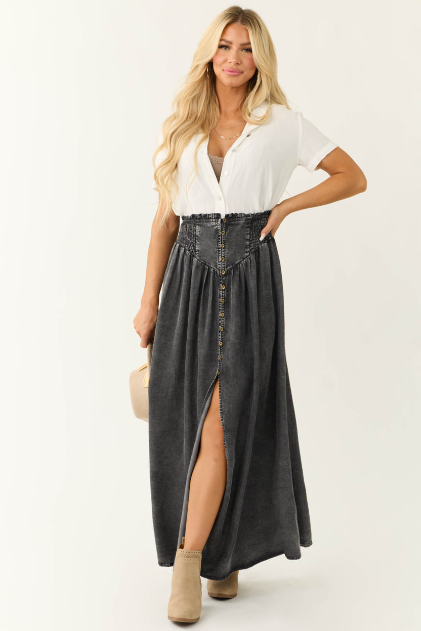 Graphite Acid Washed Denim Smocked Maxi Skirt