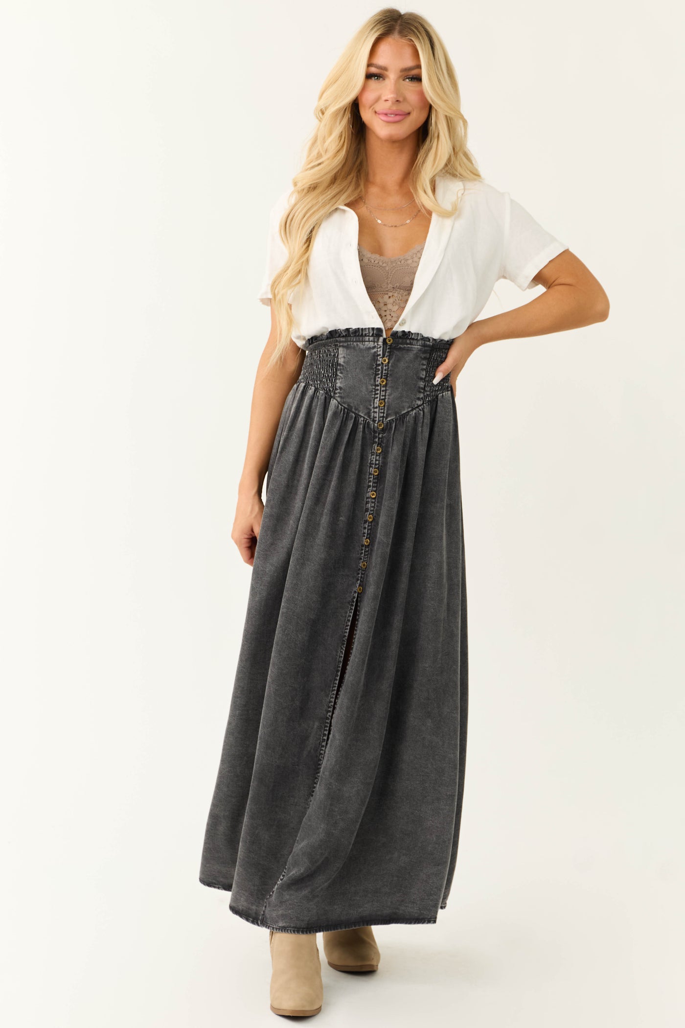 Graphite Acid Washed Denim Smocked Maxi Skirt