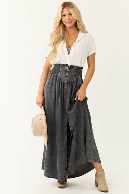 Graphite Acid Washed Denim Smocked Maxi Skirt