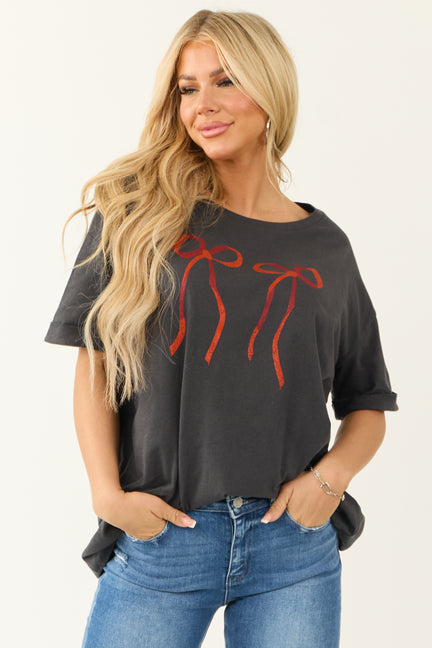 Graphite Bow Oversized  Short Sleeve Graphic Top