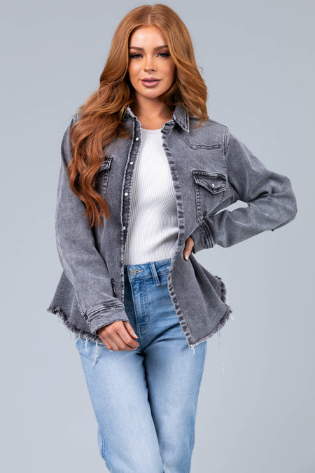 Graphite Button Up Distressed Denim Jacket