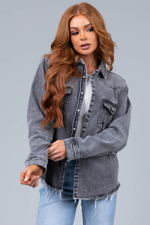 Graphite Button Up Distressed Denim Jacket