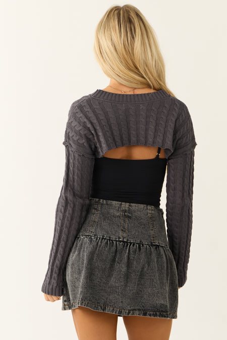 Graphite Cable Knit Long Sleeve Cropped Shrug Top