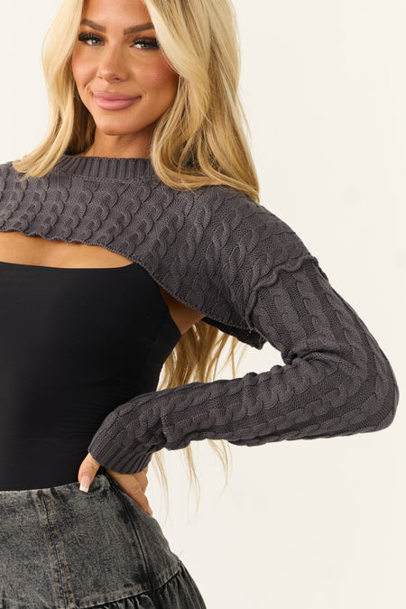 Graphite Cable Knit Long Sleeve Cropped Shrug Top