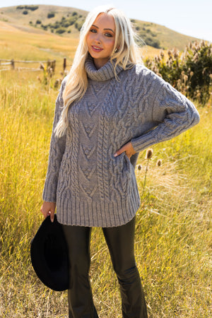 Graphite Cable Knit Turtleneck Sweater Dress