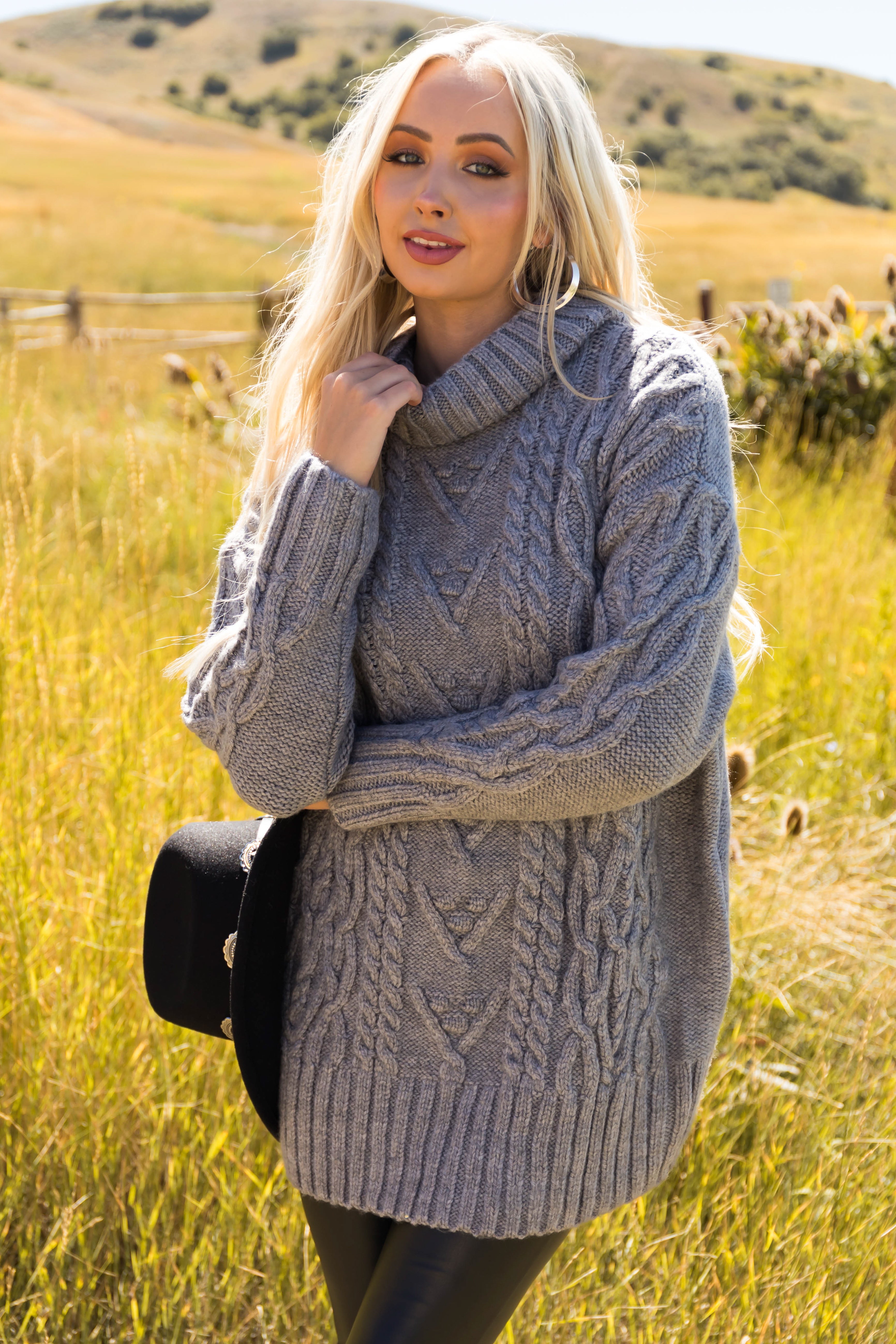 Graphite Cable Knit Turtleneck Sweater Dress