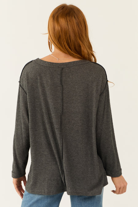 Graphite Long Sleeve Round Neck Waffle Knit Top