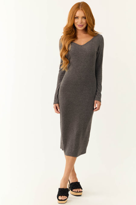 Graphite Long Sleeve V Neck Soft Knit Midi Dress