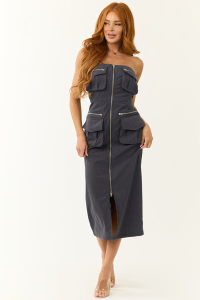 Graphite Strapless Cargo Zip Up Front Midi Dress