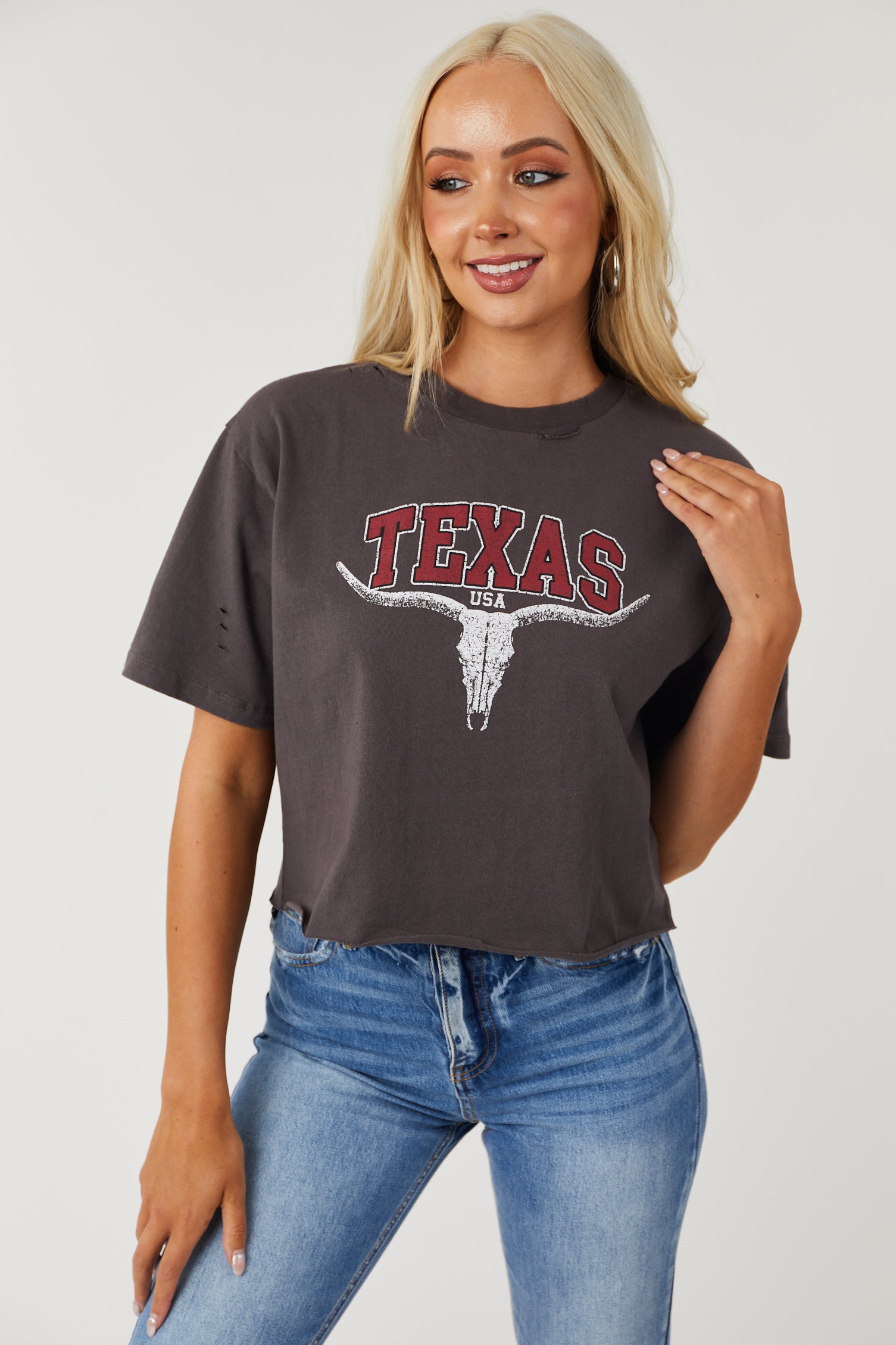 Graphite 'Texas' Longhorn Graphic Crop Top