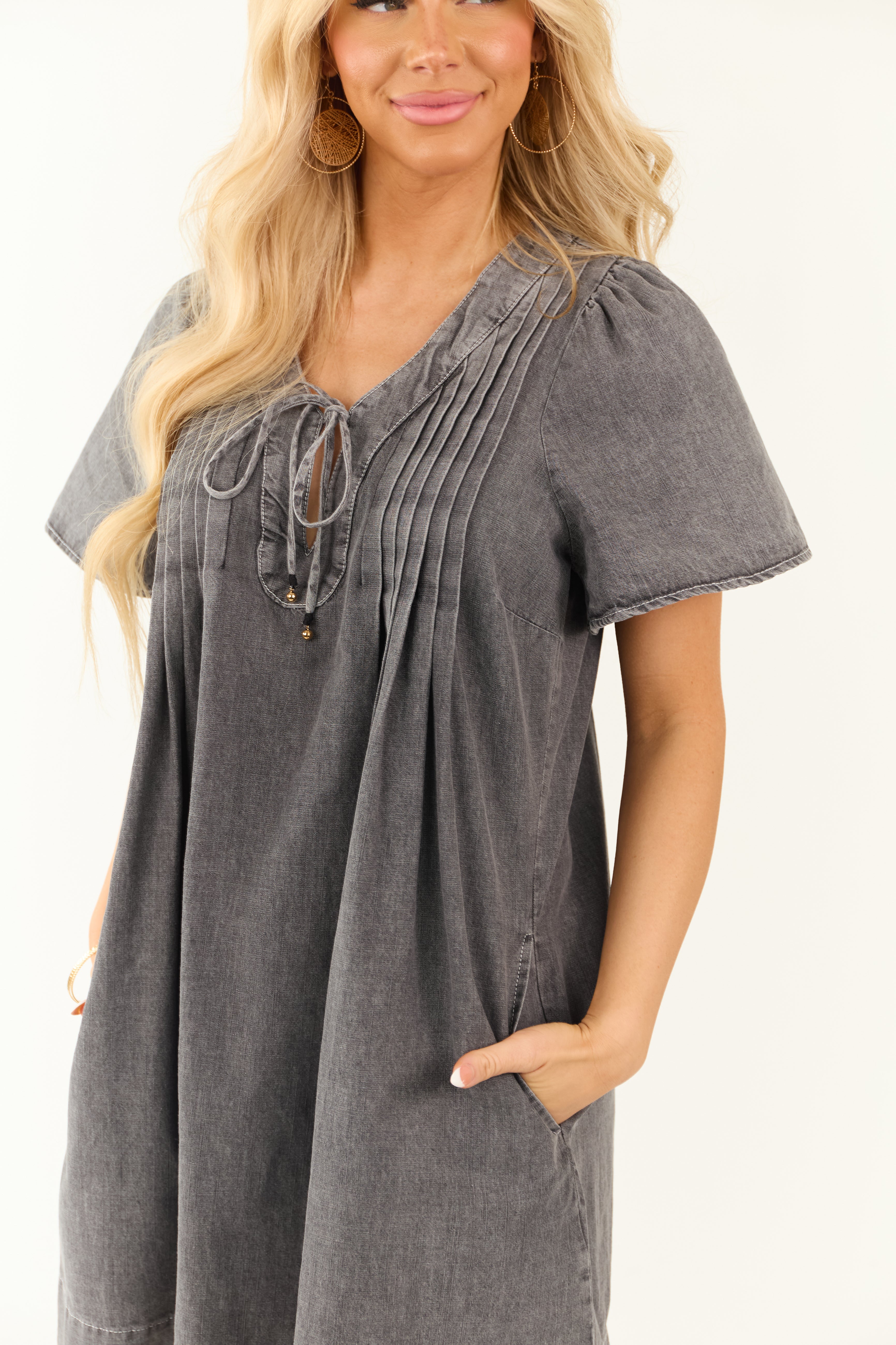 Graphite Washed Denim Pleated Bust Short Dress