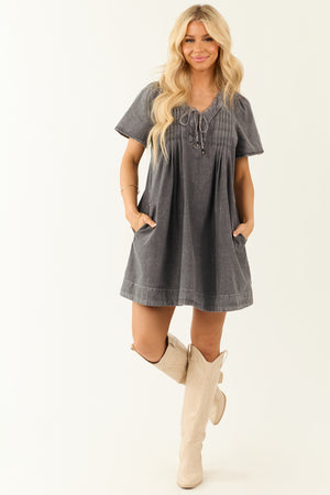 Graphite Washed Denim Pleated Bust Short Dress