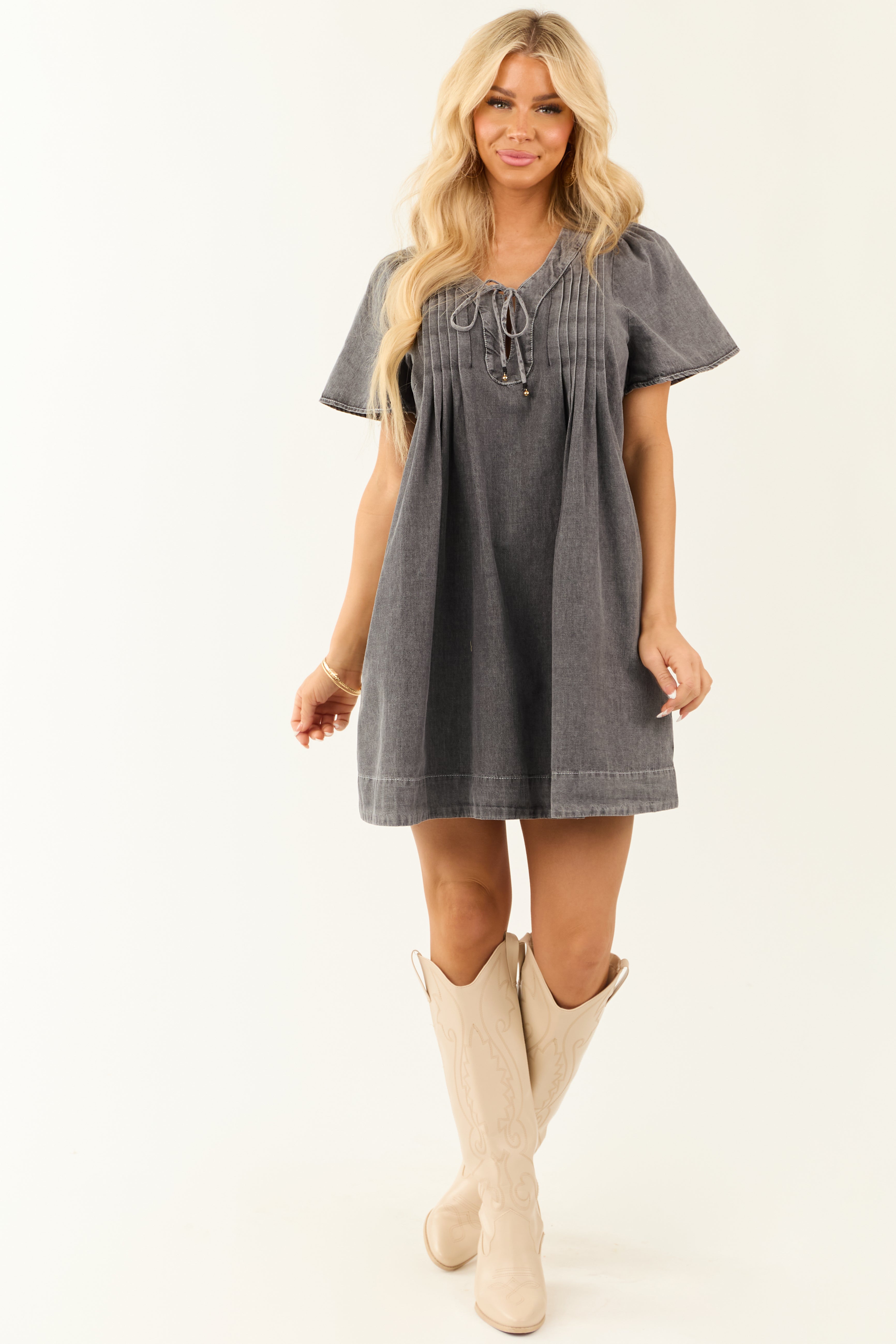 Graphite Washed Denim Pleated Bust Short Dress