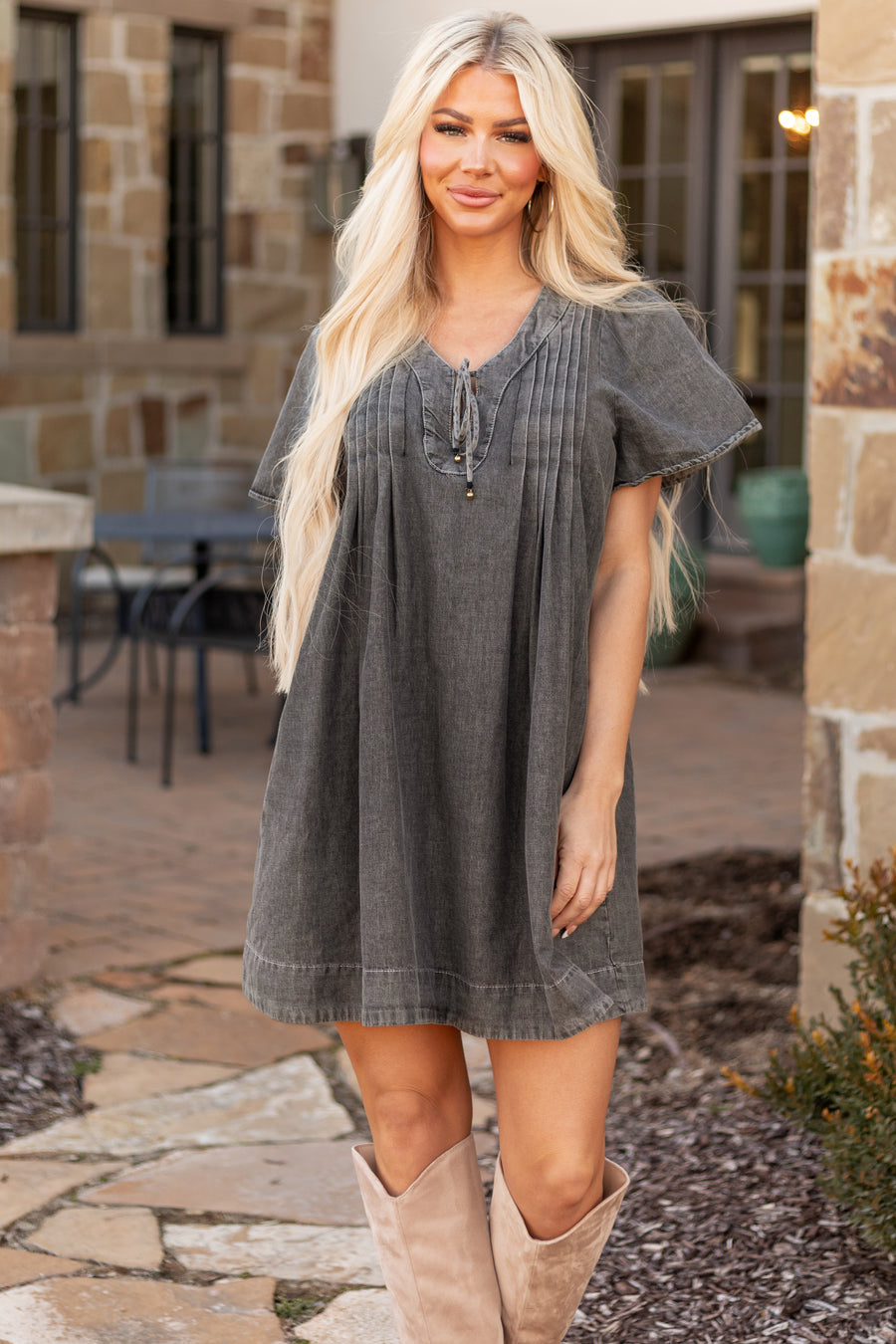 Graphite Washed Denim Pleated Bust Short Dress