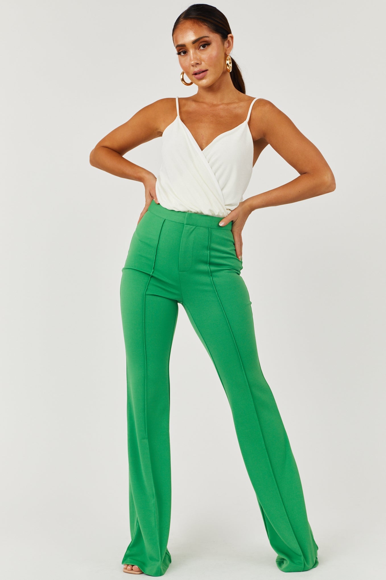 Flying Tomato Green High Rise Flare Pants with Seam Detail